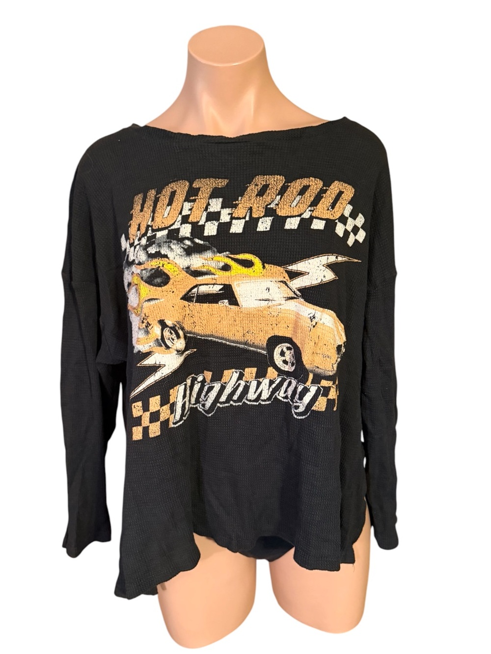 Arula Womens Size A 1X Waffle Knit Hot Rod Highway Graphic Long Sleeve Top